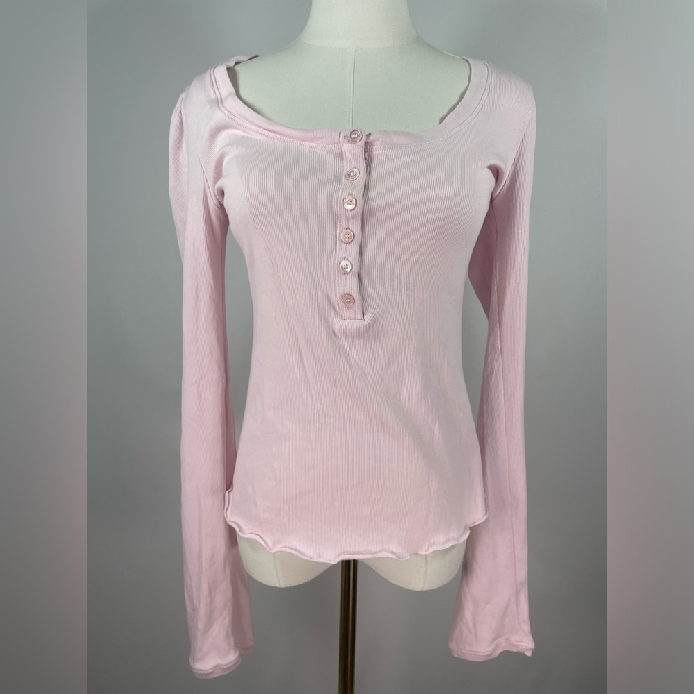 ✨Vintage Burberry Body Pink Ribbed Henley Long Sleeve Top Size L ✨